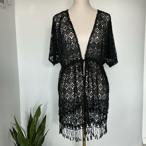 NWT Miken Black Crochet Beach Cover Up Fringe Hem Size Large